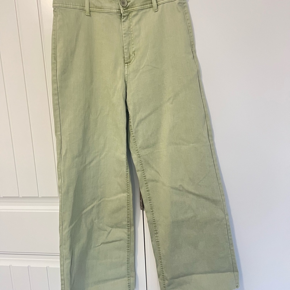 Oat New York Women Jeans High Rise Wide Leg Light Green Raw Hem 10/30
